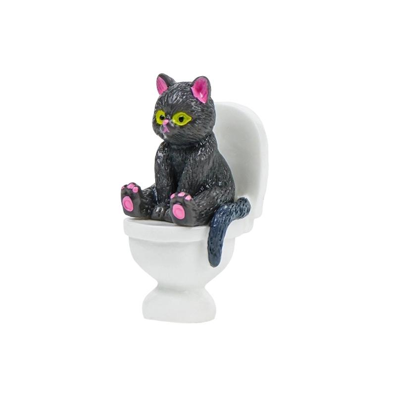 Funny Bathroom Cats Figurine and Toilet Ornament for Home Shelf Desk Accent and Miniature Scene Decoration