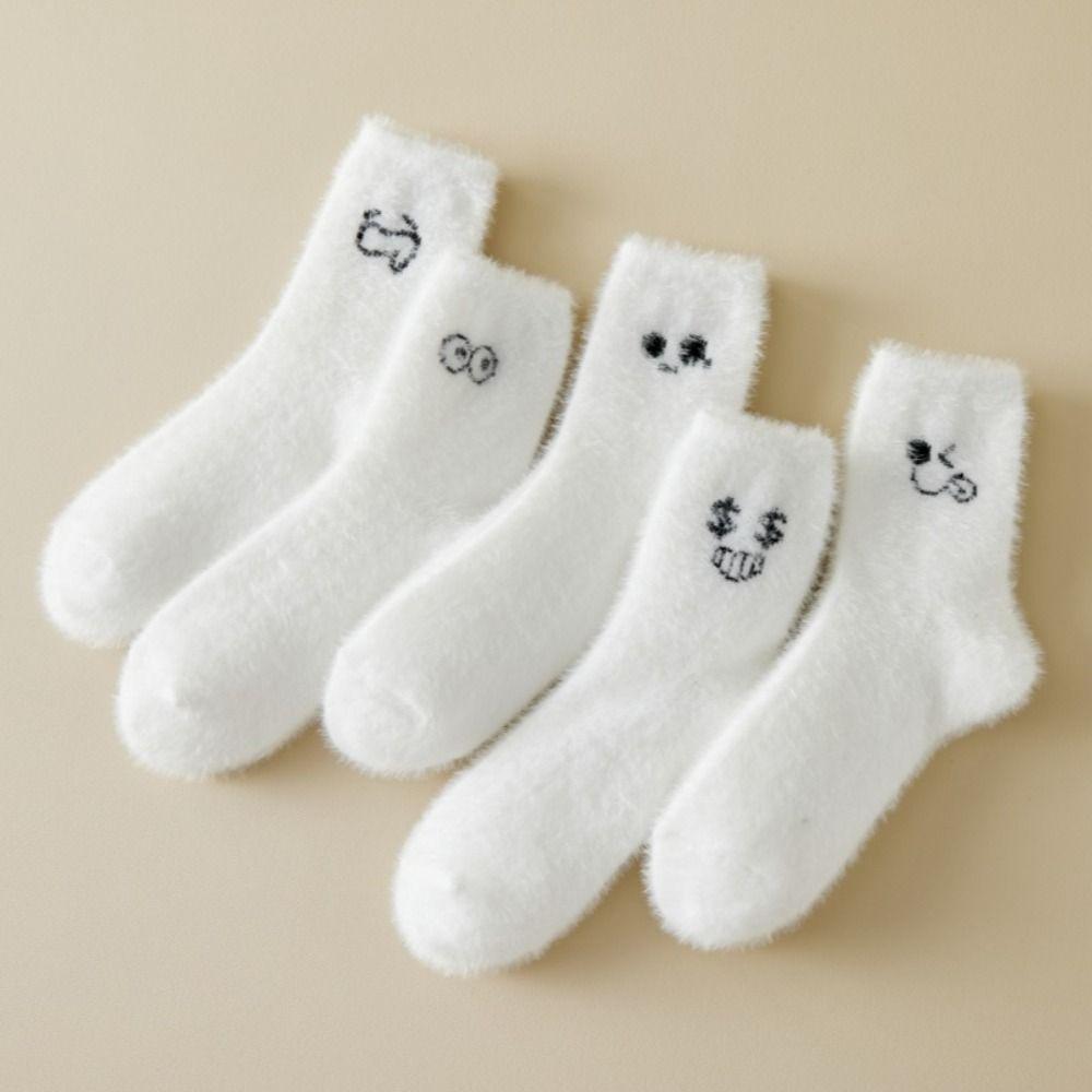 5Pairs Cartoon Plush Socks Embroidered Sleeping Socks Women Ins Mink Fur Socks  Girls