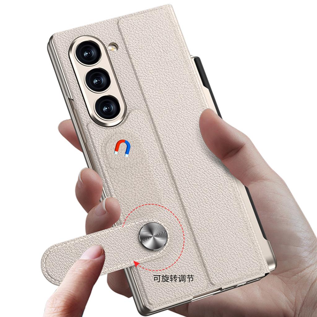 Samsung Z Fold6 Mobile Phone Chitin Leather Bracket Folding Screen Anti Fall Flip Cover Leather Case Film Integrated Pen Slot