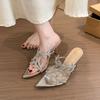 Fashion Summer New 2025 Golden Branches and Jade Leaves High Heels Black Pointed Tip Sexy French Sandals Open-toed Stiletto Tip