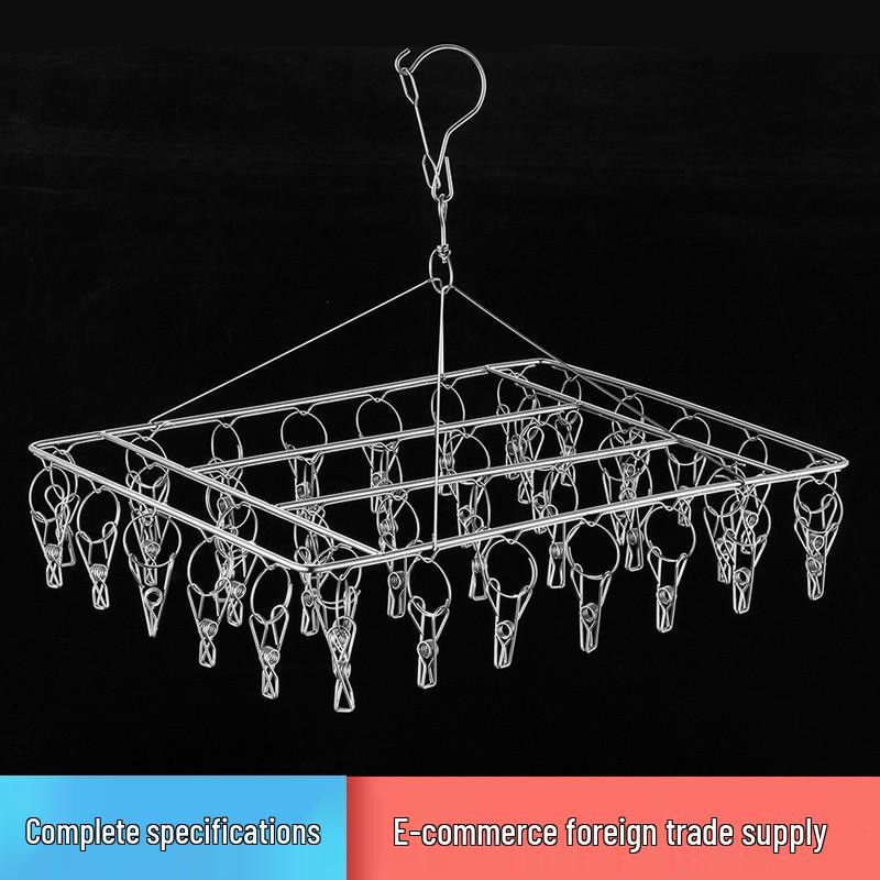 Stainless Steel Multifunctional Windproof Sock and Clothes Hanger with Clips for Home and Dorm Use.