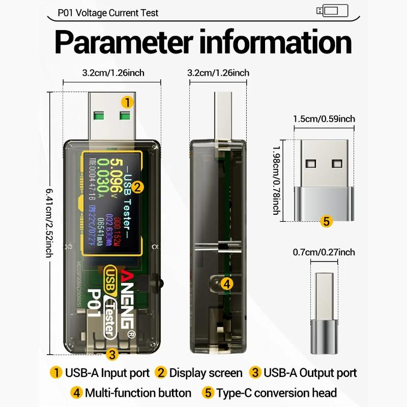 Portable ANENG P01 USB Type C Tester Digital Display Voltmeter Ammeter Power Meter DC 4V 32V 0-6A High Precision Mobile Phone Charger Capacity Testing