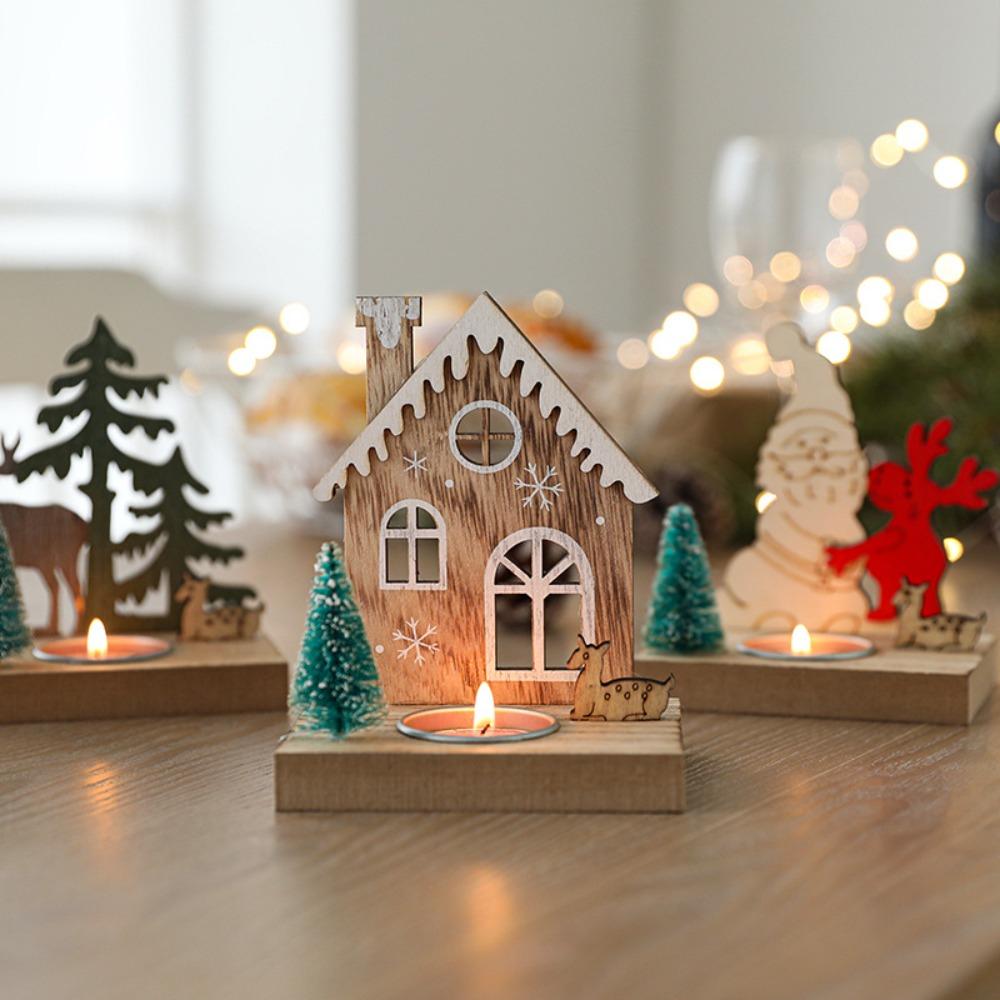 Christmas Candlestick Santa Claus Decoration Elk Nordic Style Creative Wooden House Desktop Candle Holder Decorative Ornaments