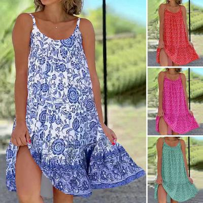 Women Beach Dress Small Flower Print Loose A-line Sleeveless Hawaii Patchwork Soft U Neck Knee Length Plus Vacation Summer Midi Strappy Dress