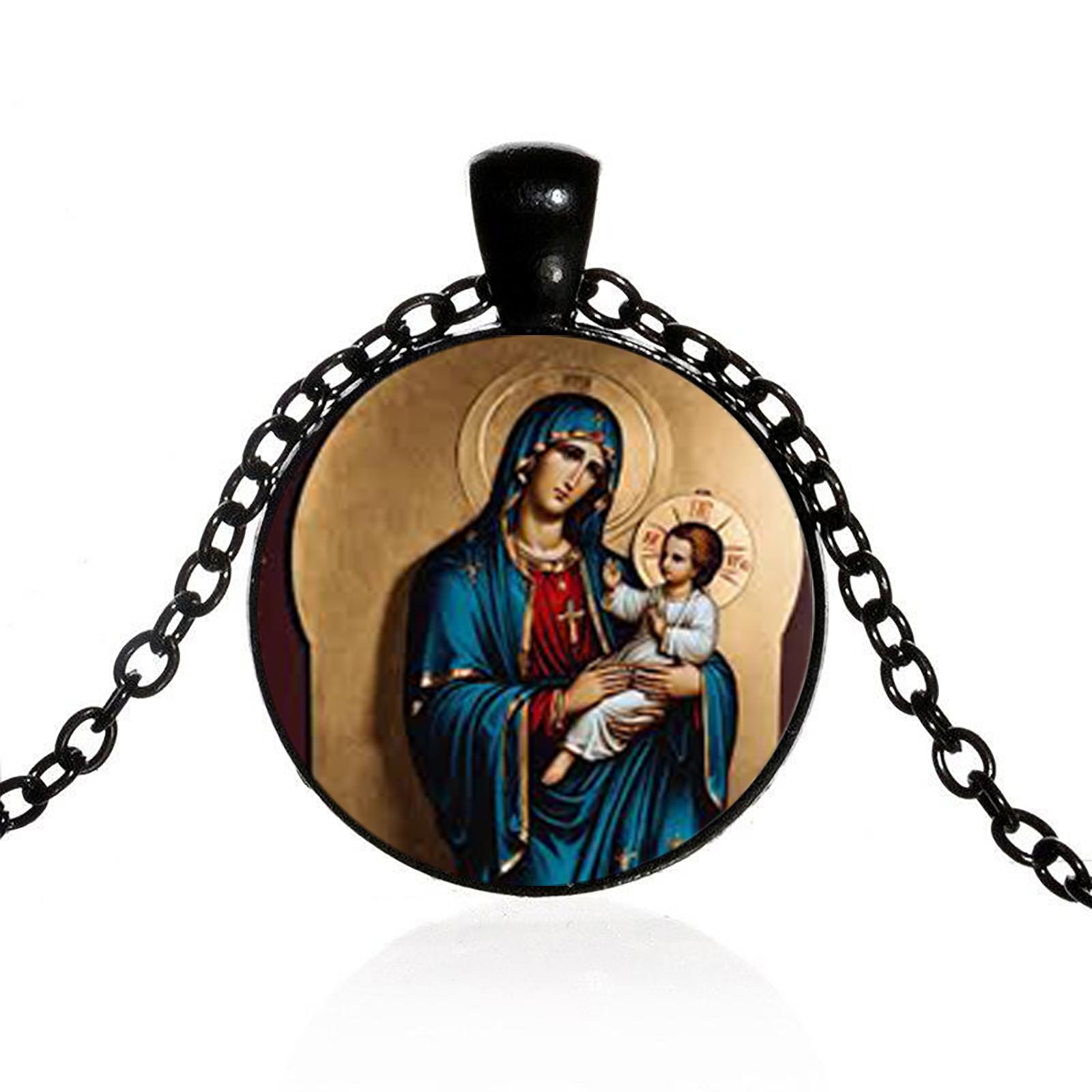 

Glass Pendant Of The Virgin Mary And Baby, Christian Jewelry Painted With Oil Of Jesus, Gift Necklace For Men And Women.