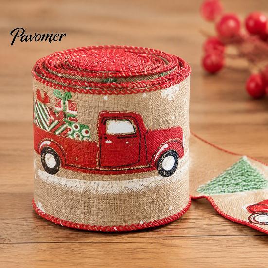 Wired Ribbon for Christmas Tree 1 Roll Burlap Gift Wrapping Decor, Vintage Patterned Holiday Decoration Imitation Linen Fabric DIY Crafts And Wreaths,