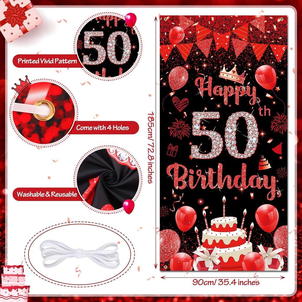 Red 50th Birthday Party Decorations for Women Men Red Black Balloons Banner Supplies Happy 50th Birthday Door Cover Banner and 18pcs Latex Balloons
