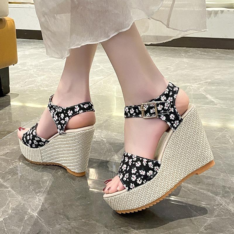 Large Size Fish Mouth Sandals Women's Spring and Summer New Slope Heel Thick Sole One-word Buckle Women's Sandals