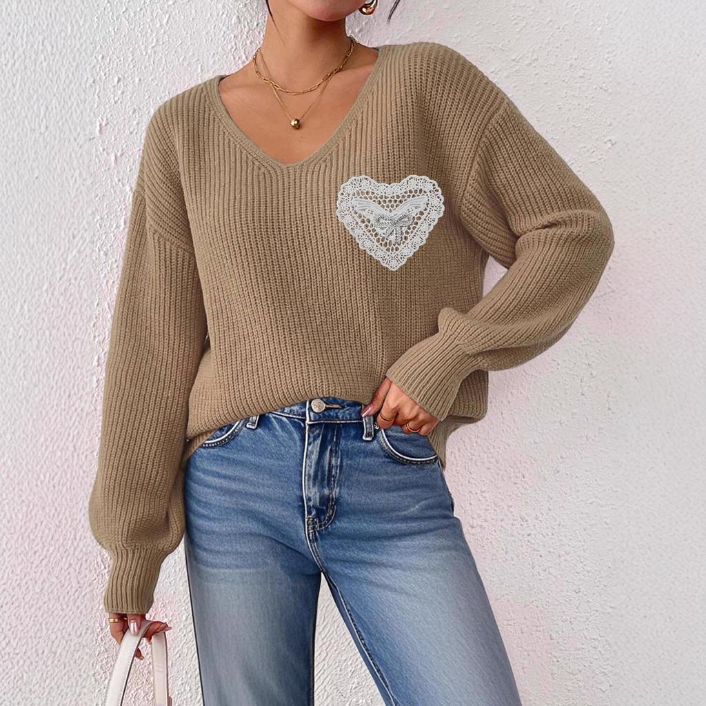 Autumn and Winter Women's Sweater, V-neck Knitted Sweater, Lace Bow Patchwork Pocket Pullover