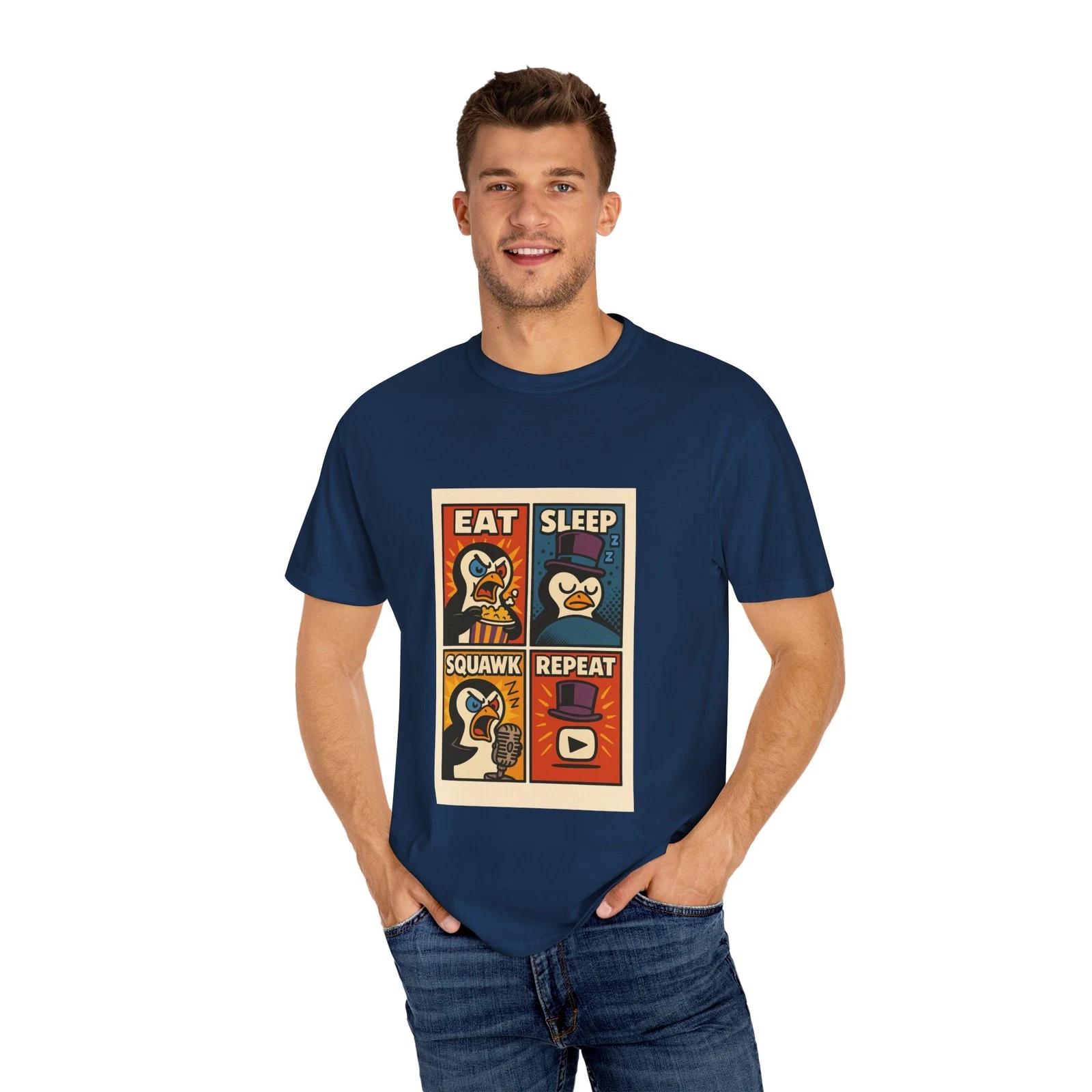 

Eat Sleep Squawk Repeat Unisex Garment-Dyed T-Shirt – Retro Cartoon Penguin Tee XL