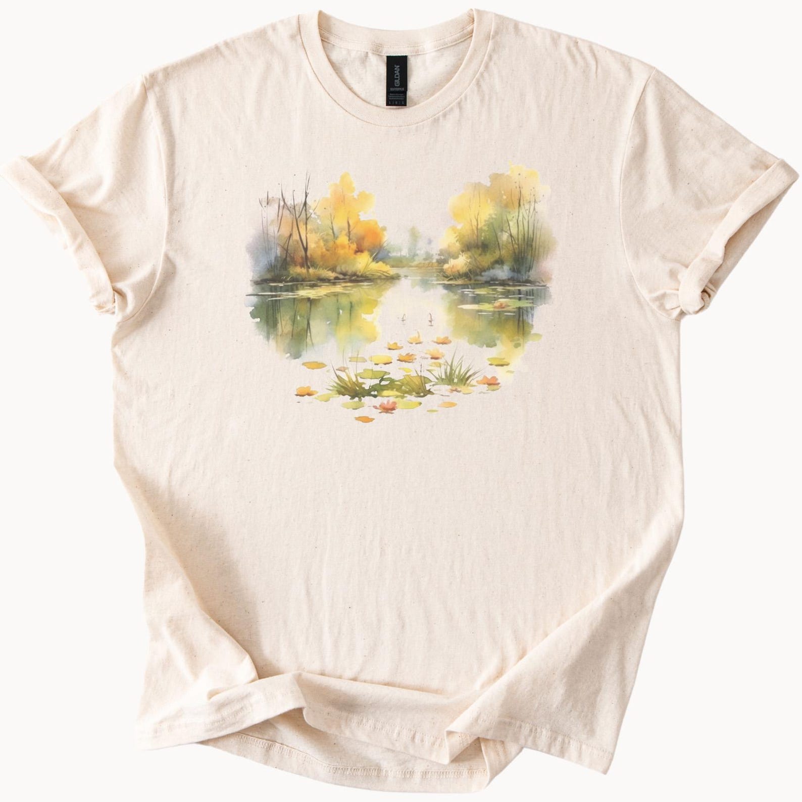Autumn Lake Reflection Watercolor Art Graphic T Shirt Nature Landscape Trees Yellow Foliage Forest Pond Scene Fall Inspired Tee 150