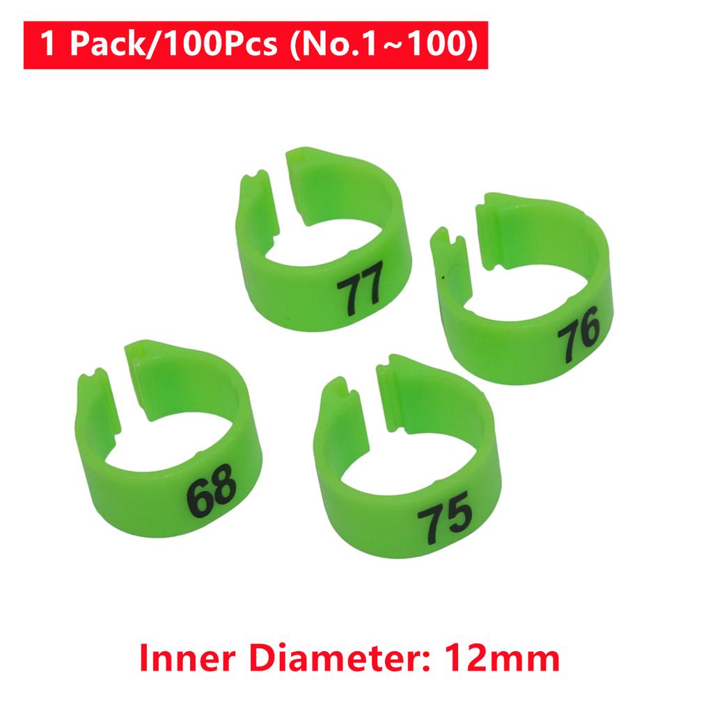 1 Pack/100Pcs Digital Plastic Bird Clip Foot Rings Inner Diameter 12mm Pigeon Quail Identification Leg Rings No.1~100 10 Colors