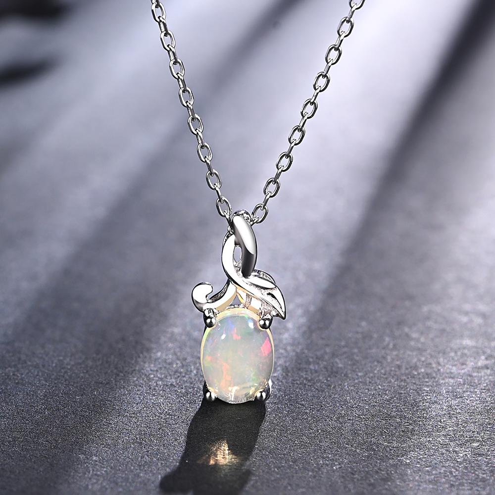 925 Sterling Silver Tree Leaves Design Pendant Necklace Natural Oval 6*8mm Opal for Women's Fine Jewelry Anniversary party Gifts