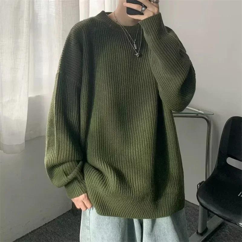 Autumn Crew Neck Solid Color Pullover Sweaters for Men Casual Y2K Knitted Sweater High Street Fashion Jumpers Hombre