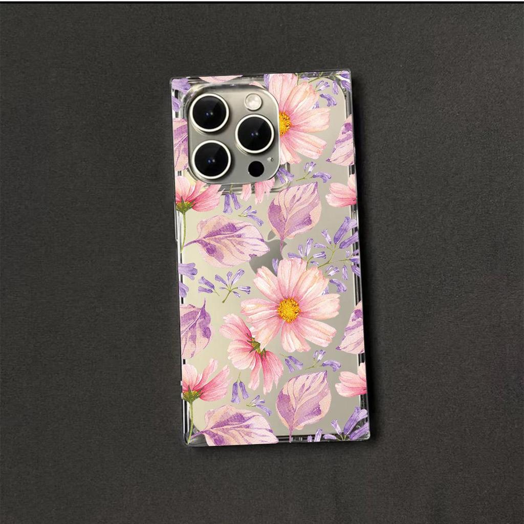 Clear Square Back Tube Case Protection For iPhone 15 Plus 14 Pro Max 13 12 11 16 ProMax Anti-Oxygen,Floral Running Pattern Casing