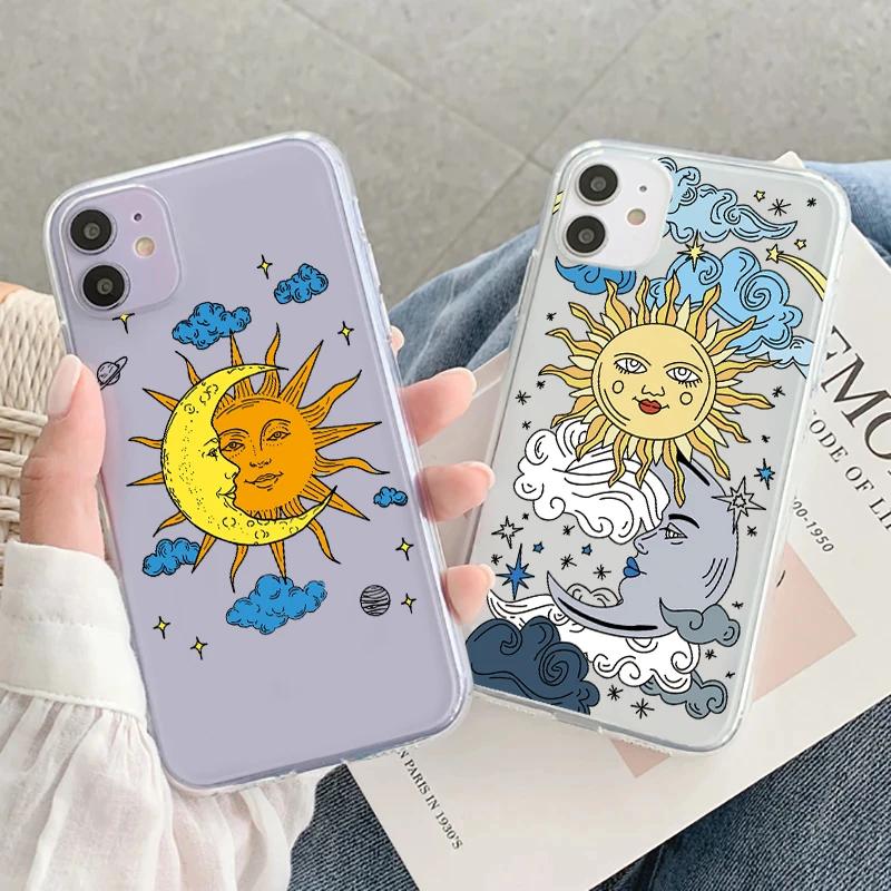 Funny Sun Moon Face Shockproof Phone Case For iPhone 15 14 11 12 13 Pro MAX Mini XS XR SE 14 Plus Fundas Transparent Back Covers