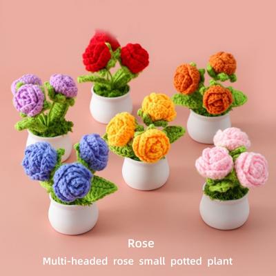 Crochet Rose Flower Potted Cute Kintted Flower Creative Fake Flowers Graduation Wedding Car Table Bookshelf Home Decor