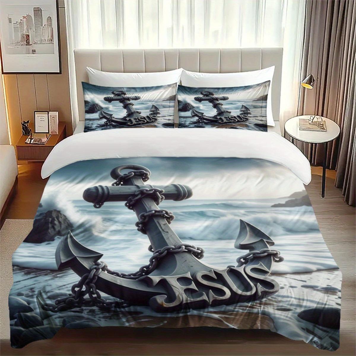 

3pcs Creative Jesus Anchor Pattern Pattern Bedding Digital Comforter Set Tear Resistant Polyester Includes 1 Duvet Set EU Twin(135x200cm)
