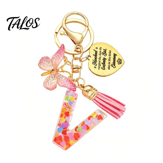 Talos Keychain Pendant, Sequins Initial Letter Charm Key Chain with Butterfly Tassel Stainless Steel Heart Design, A-Z Holder for Bag Purse Backpack