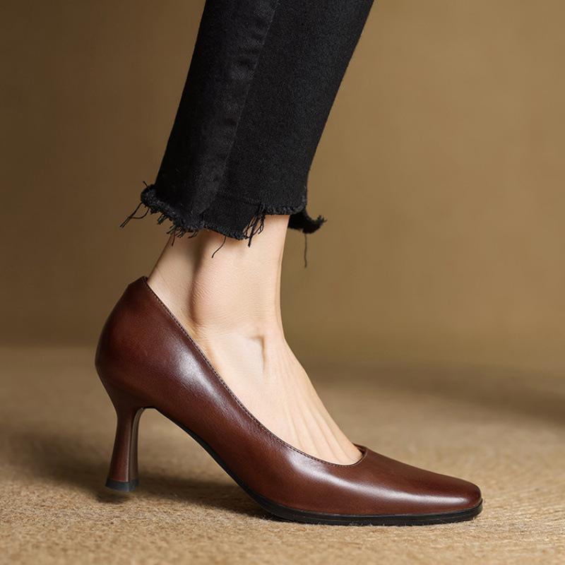 New Leather Women's Single Shoes, Comfortable Square Head, Four-season Wear Women's Shoes, High Heels, Small Leather Shoes, Thin Heels, Beef Tendon