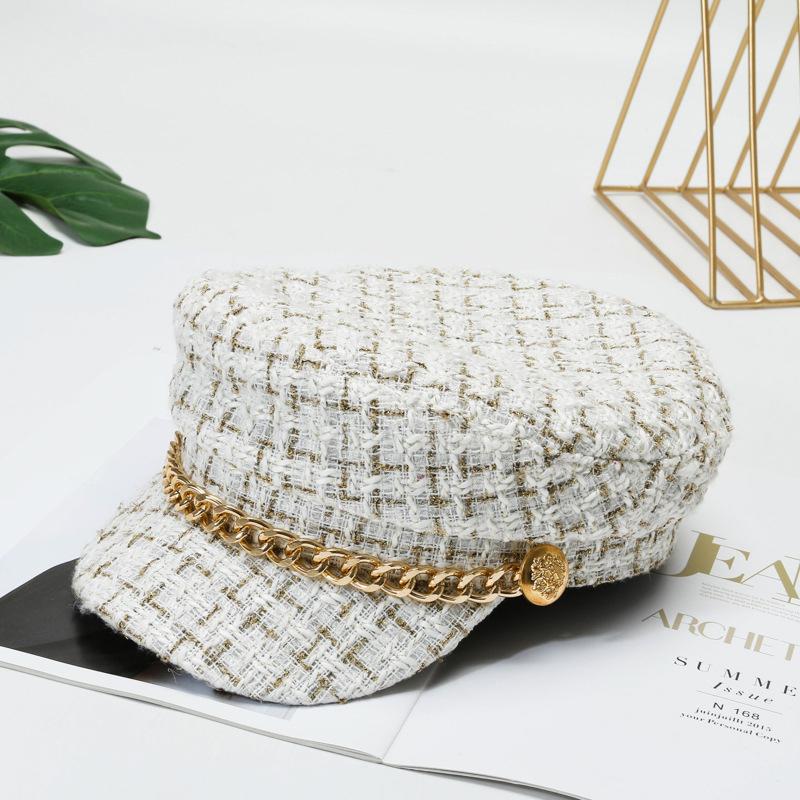 

Осенне-зимняя шляпа-берет с плоским верхом и жемчужной цепочкой, темно-синяя, кепка газетчика, берет, восьмиугольная шляпа, женская дизайнерская одежда белый