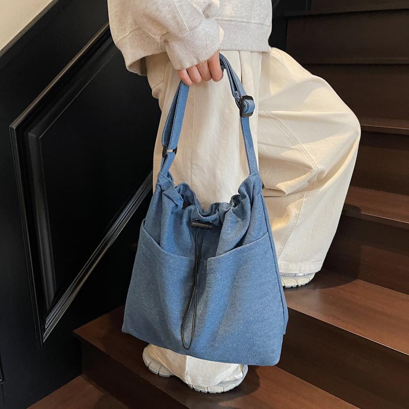 Large Capacity Drawstring Bucket Bag Women's Denim Crossbody Bag Commuter Shoulder Bag