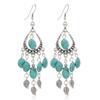 Bohemian Ethnic Style Antique Silver Color Alloy Hollow Acrylic Resin Gems Water Droplet Tassel Earrings Women Vacation Jewelry
