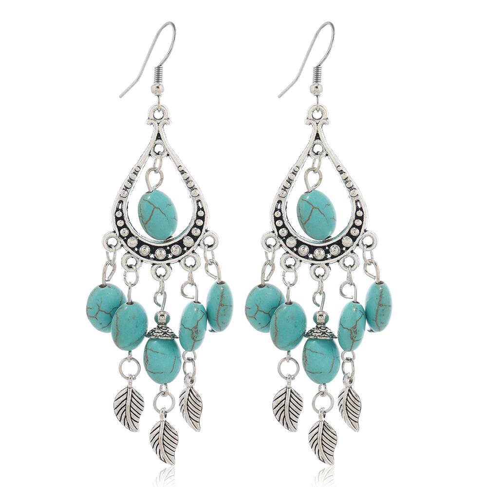 Bohemian Ethnic Style Antique Silver Color Alloy Hollow Acrylic Resin Gems Water Droplet Tassel Earrings Women Vacation Jewelry