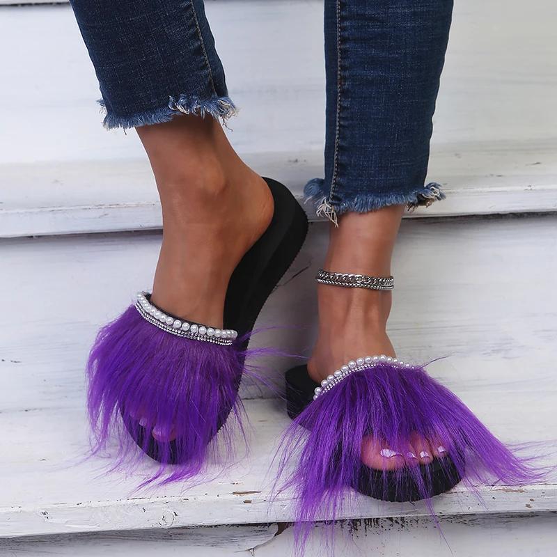 Fashion 2025 Summer Fur Fuffy Slippers for Woman New Stylish Peard Decor Slides Women Thick Sole Non Slip Vacation Sandals Mujer