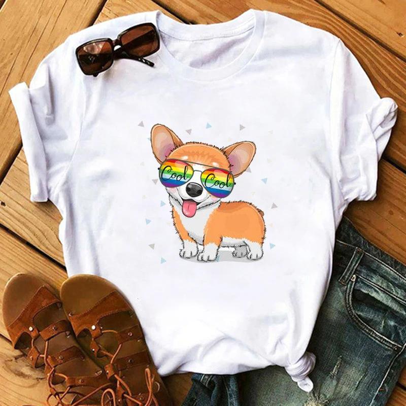 Maycaur Funny Cute Corgi Dog Printed TShirt Harajuku 90s Kawaii Women Short Sleeves T Shirts Tops Graphic Tees Female Tshirt