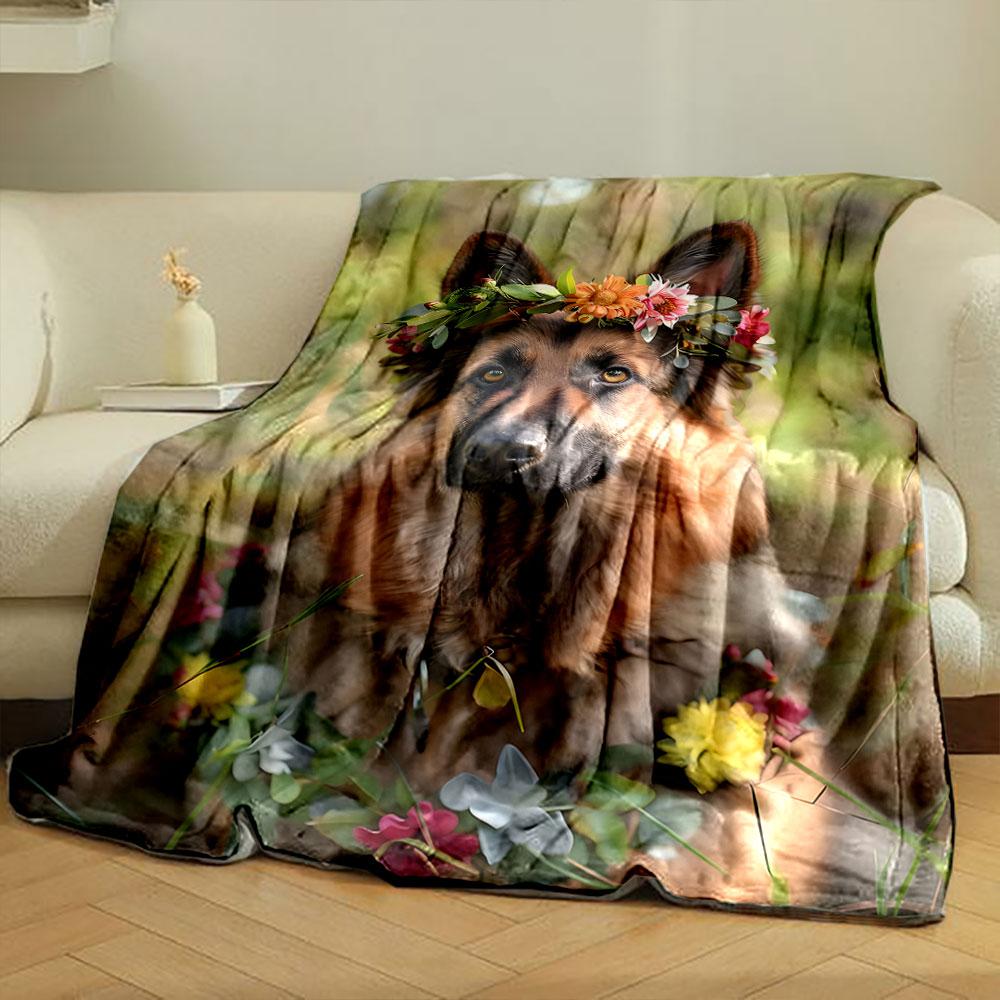 German Shepherd Floral Wreath Blanket bedroom Blanket for Livingroom Couch lunch break Soft throw for Friend's festival Gift