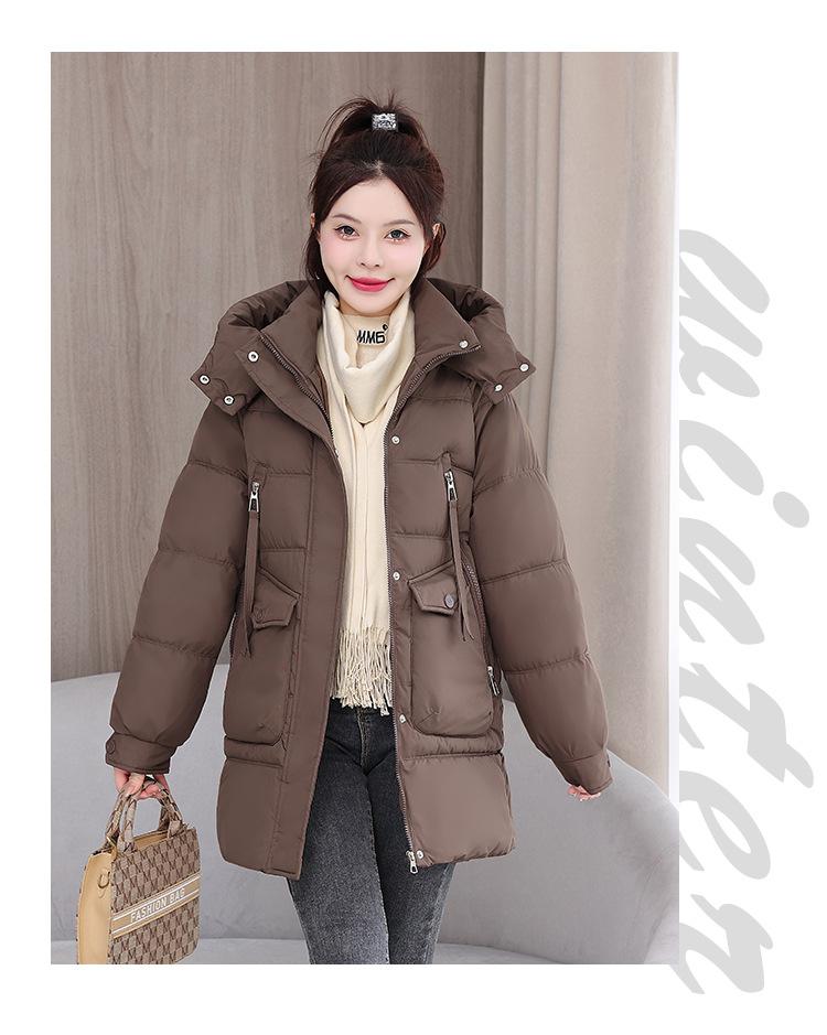 Women's Autumn and Winter Coat Solid Color Hooded Large Pocket Mid-length Loose Thickened Windproof Women's Jacket 5 Colors