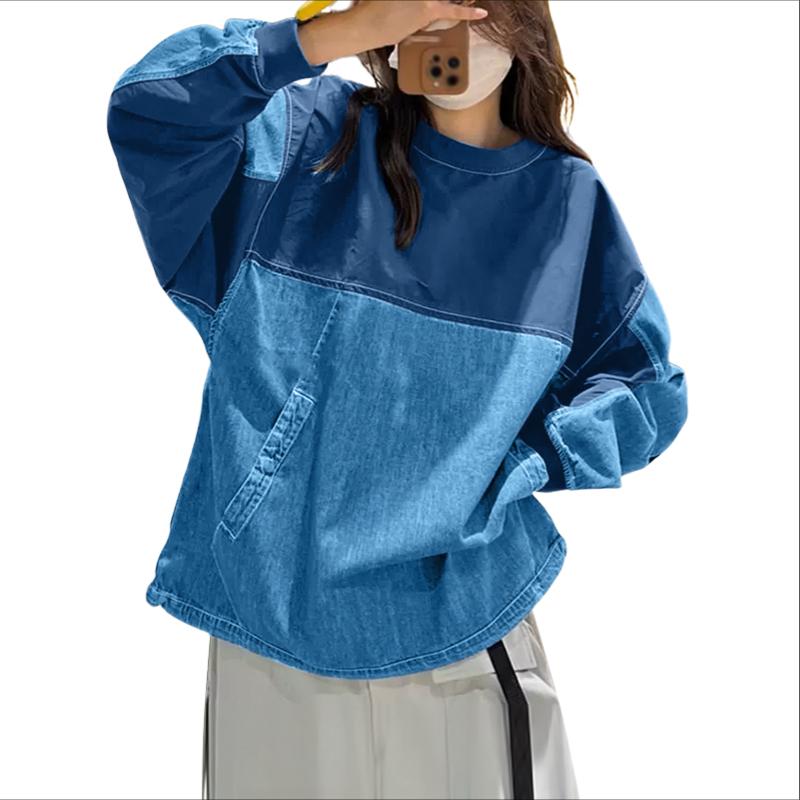 

ZANZEA Женская повседневная модная блузка с круглым вырезом и длинным рукавом S синий