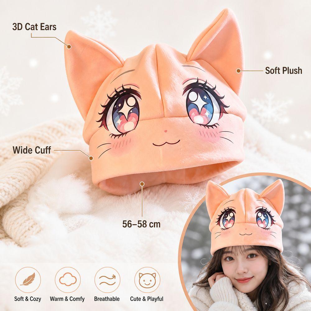 Cartoon Animal Face Plush Winter Hat Foldover Cuff Winter Skull Cap Cat Ear Beanie Hat Winter Wear
