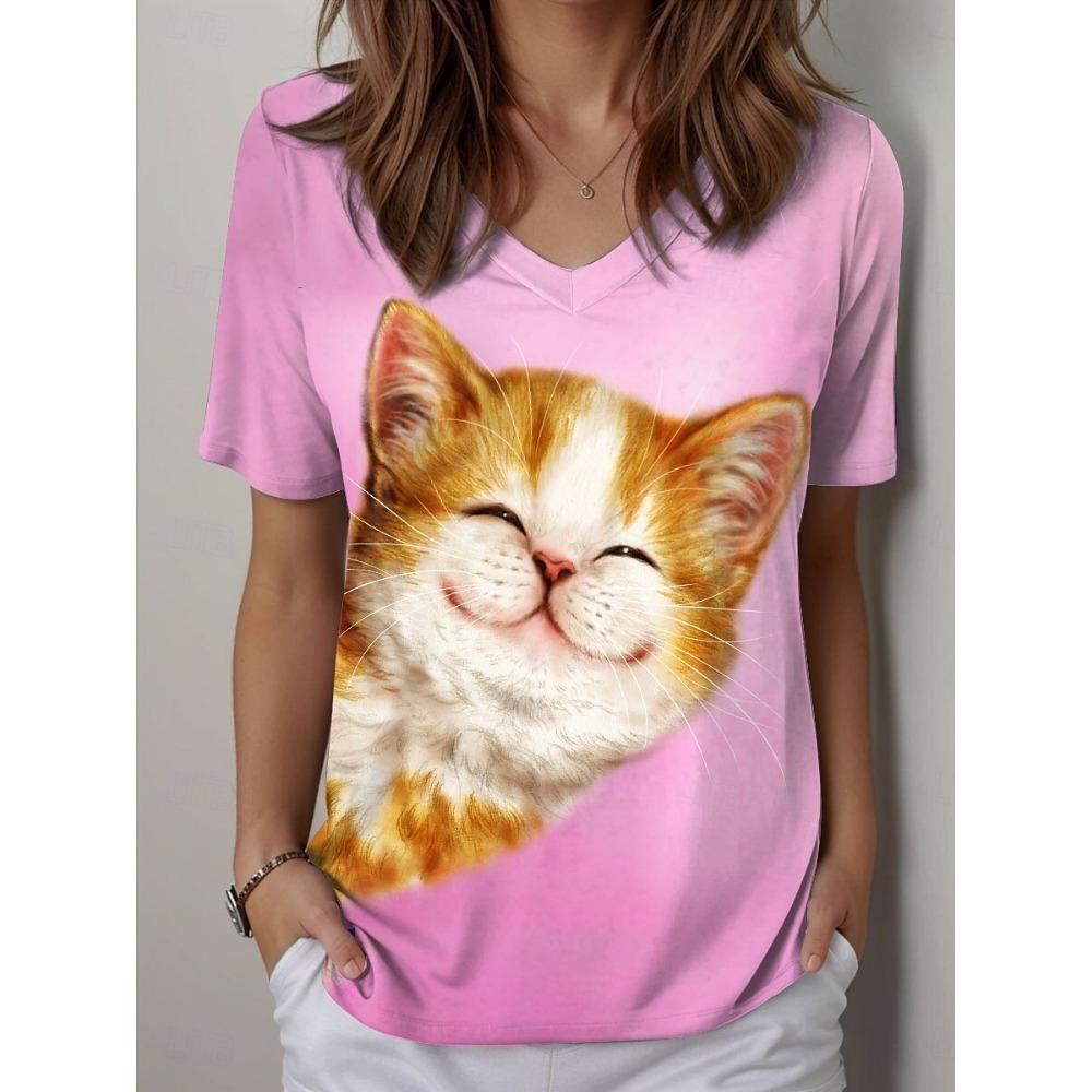 Summer Women's T Shirt Graphic Animal Cat Cute Stylish Casual Short Sleeve V Neck Regular Tops Daily 3D Printed Y2K Tees