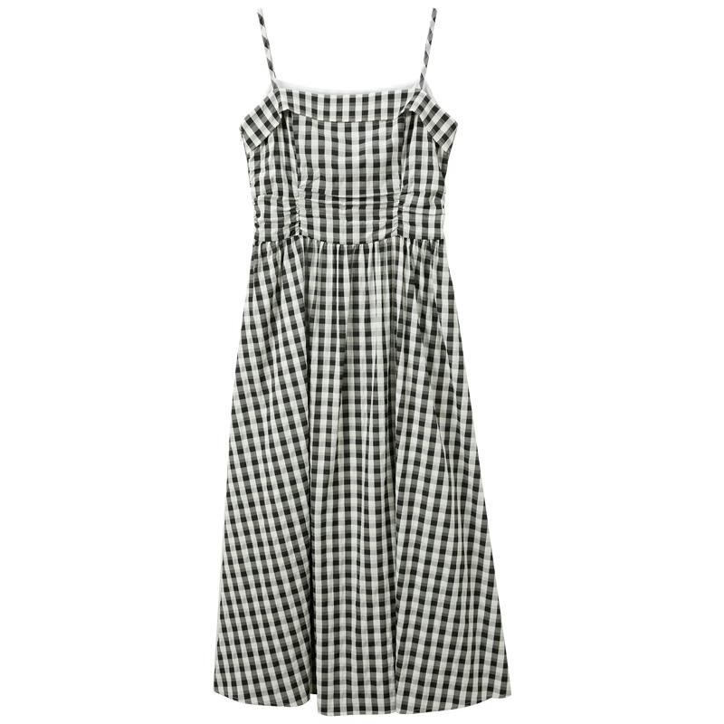 French Style Plaid Strappy A-Line Midi Dress S