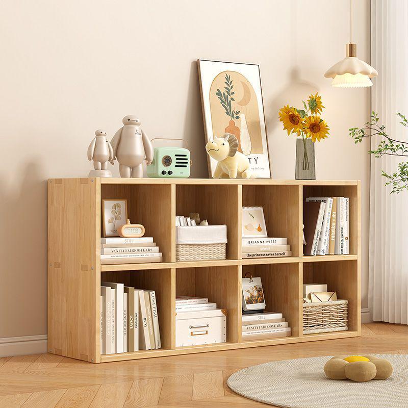 Solid Wood Bookshelf: Floor-Standing & Wall-Leaning Grid Cabinet for Living Room or Kindergarten Storage.