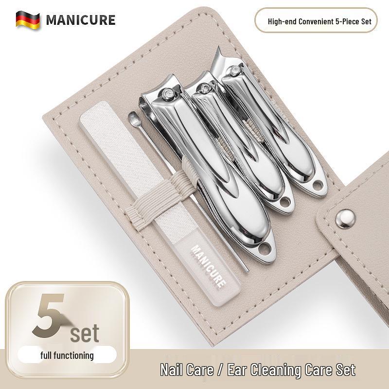 Premium 5-Piece Manicure Set: Leather Case with Angled Nail Clippers, Ear Spoon, & File