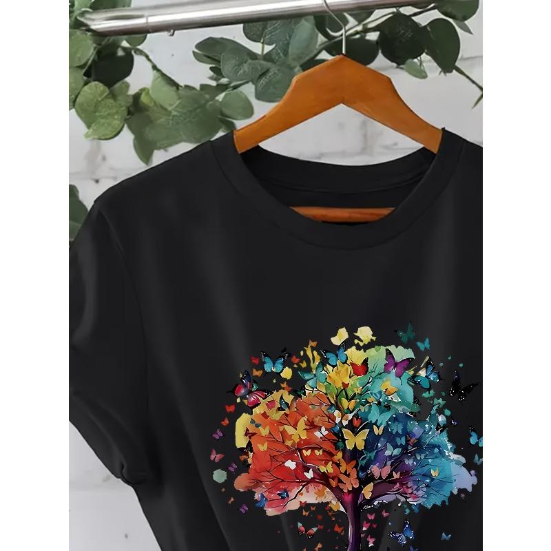 European Size European Size Women's  Short-Sleeve T-Shirt with Tree Print - Casual Round Neck Blouse, Spring Summer Casual Attire