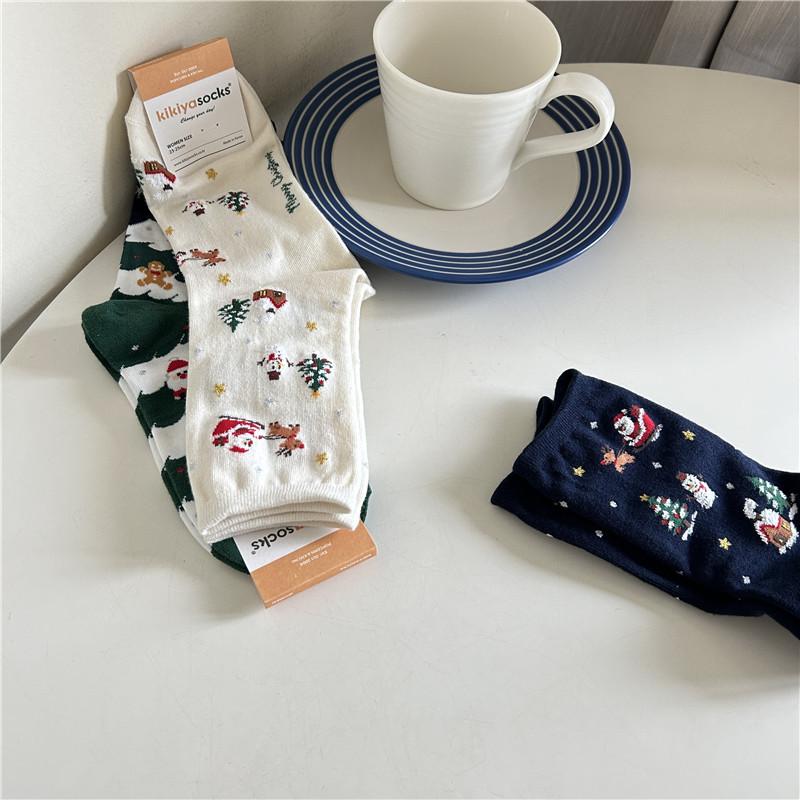 Spring, autumn and winter cartoon Christmas women s mid-tube cotton socks One size fits all бежевый