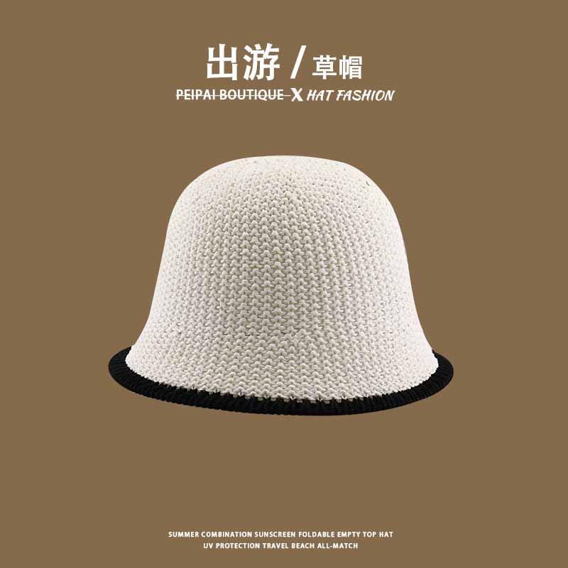 Women's Straw Hat Woven Sunshade Beach Hat Summer Hollow Breathable Bucket Hat Beach Sunshade Hat