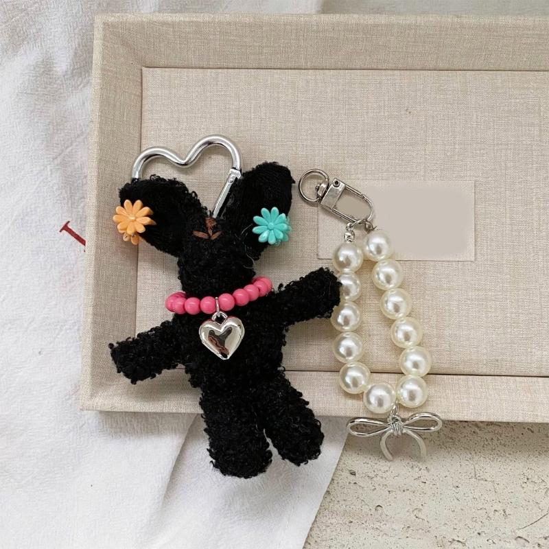 Playful Rabbit Bag Charm Double Use Phone Lanyard Soft Plush Pearls Clip Accessory Adorable Rabbit Keyring Decors