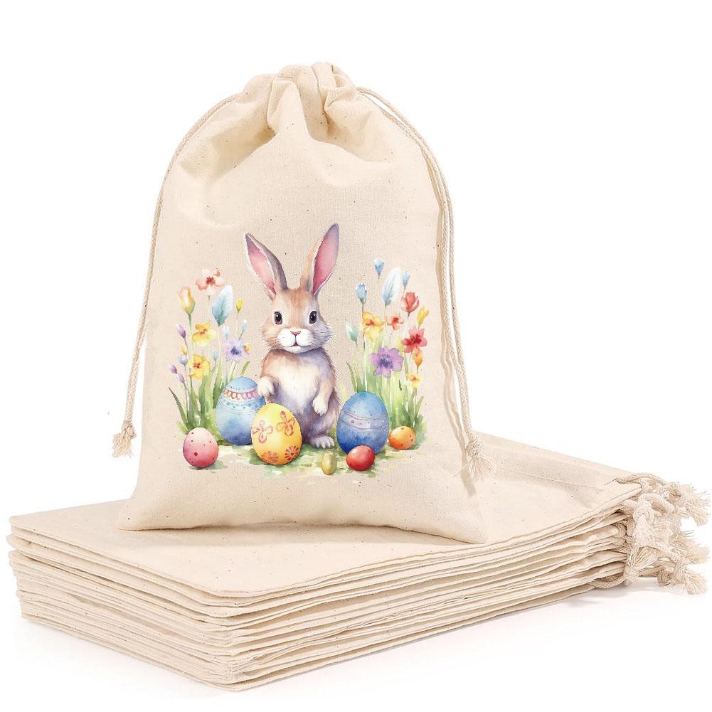 Easter Bunny Drawstring Cotton Bags Reusable Rabbit & Egg Print Gift Bags for Easter Party Egg Hunt Candy Storage Eco-Friendly