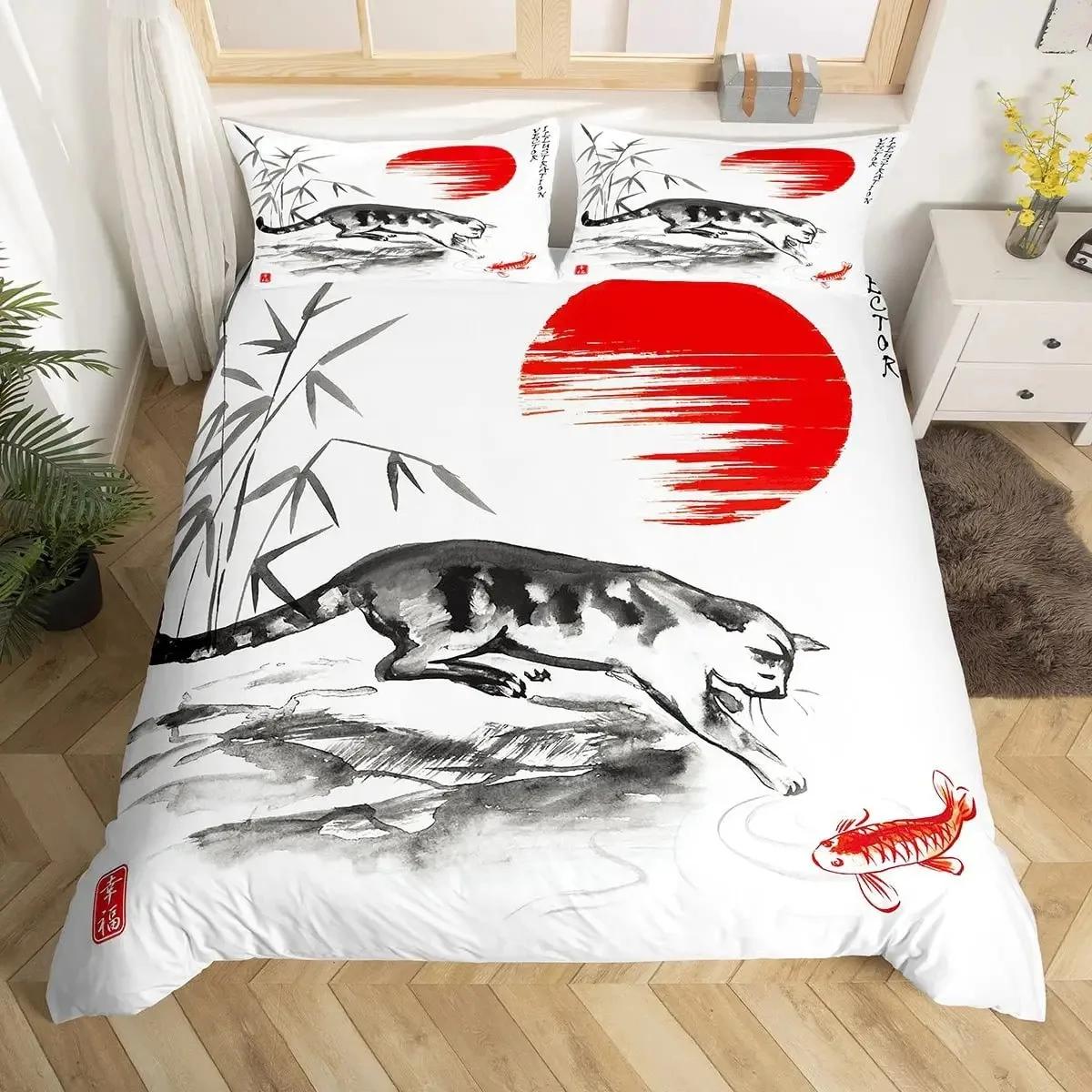 

Koi Fish Duvet Cover Set Carp Tie Dye Bedding Sets Traditional Chinese Ink Art Bedspread Lotus Leaf Nature Quilt Cover Full Size AU Double 180x210cm