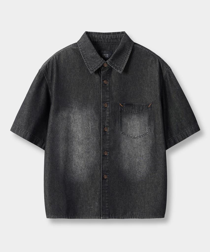 Dimiteulibeullaeg Bio-Washed Crop Denim Short Sleeve Shirt_2 Color