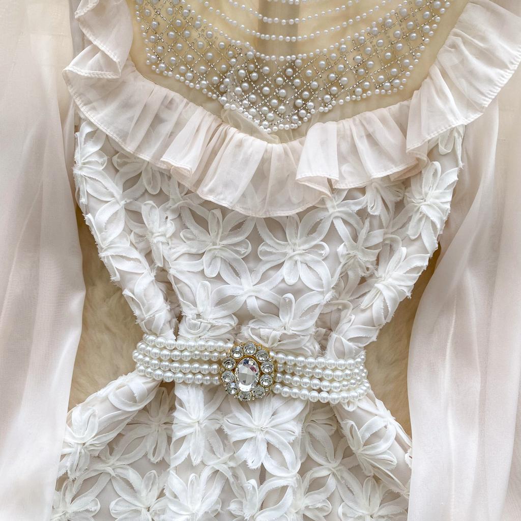 Autumn New Slimming Knee-length Elegant Mesh Dress for Women Luxury Beaded Flower Embroidery Peral Belt Slim Party Dress