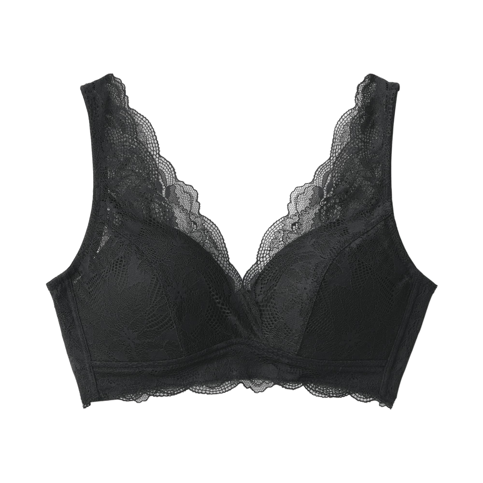 

MUJI Women s Large Floral Lace Bra Made with Leftover Yarn, FCH68A4S, Black, Size L