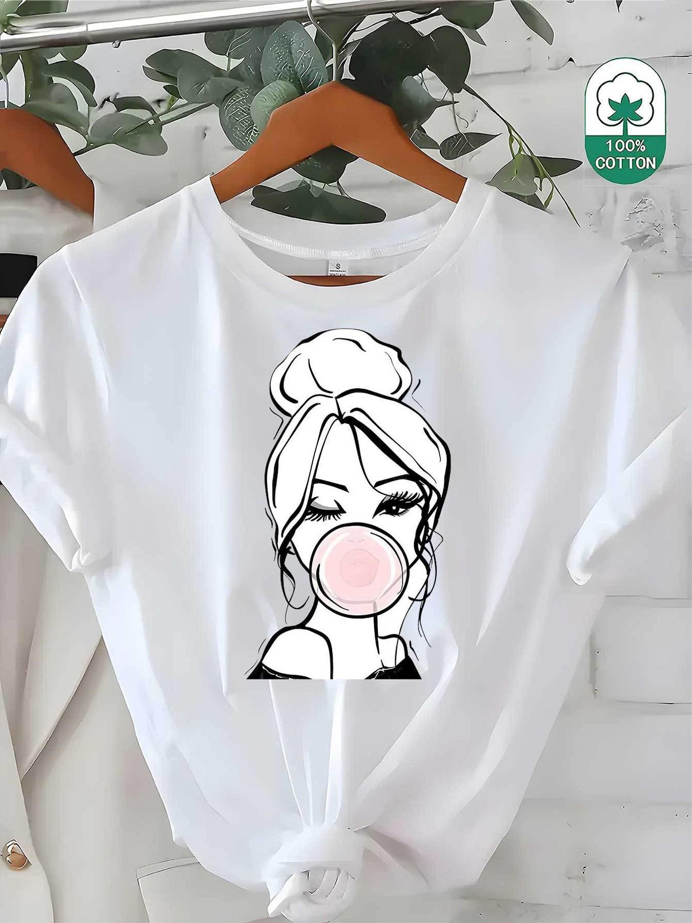 

Wo Fashion Short Sleeve Top 180G Beautiful Print Black and White T Shirt Regular Version Tpure Fabric T Shirt Comfortable and Elastic Able for Daily S белый