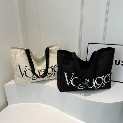 Minimalist Canvas Tote Bag Women, Letter Print Casual Shoulder Handbag, Large Capacity Daily Shopping Bag,Soft Cotton Canvas Tote with Slipper Top KTB