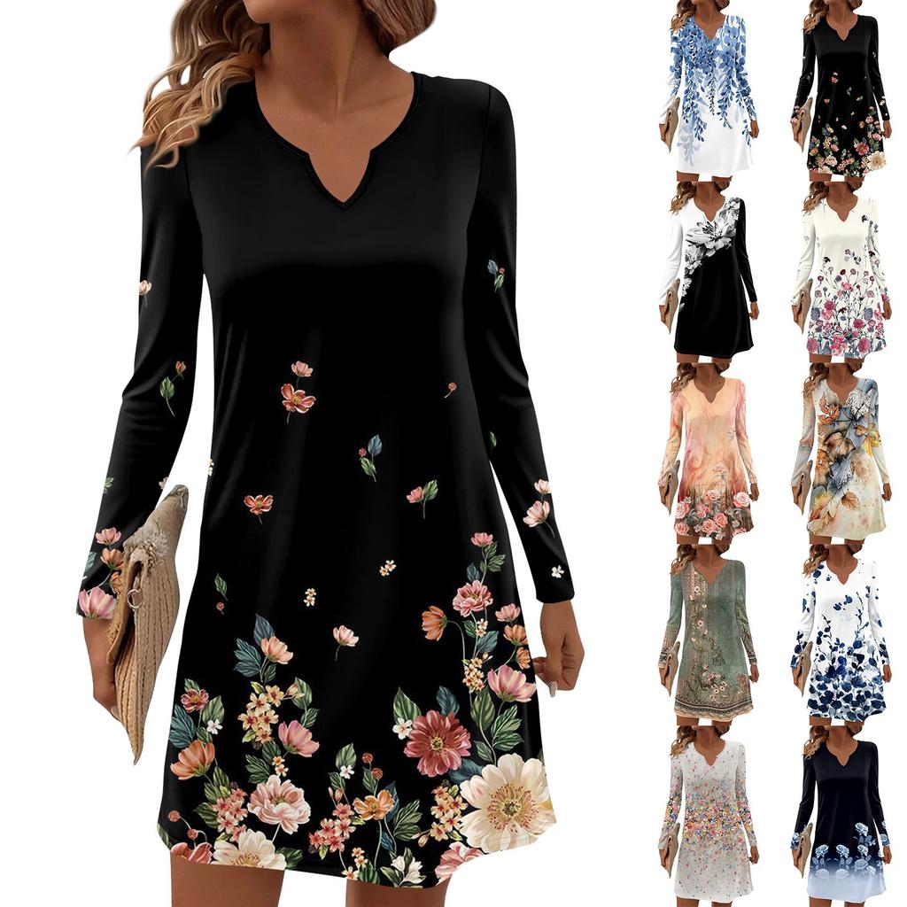Women's Long-sleeved Casual Midi Dresses V-Neck Print  Casual Dress